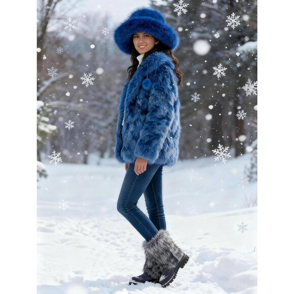Women\'s Royal Blue Oversized Winter Long Pile Fur Wide Moldable Brim Warmer Cap